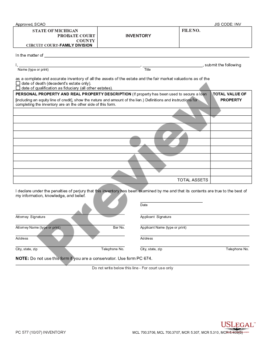 Michigan Probate Inventory Form Pc 577 US Legal Forms