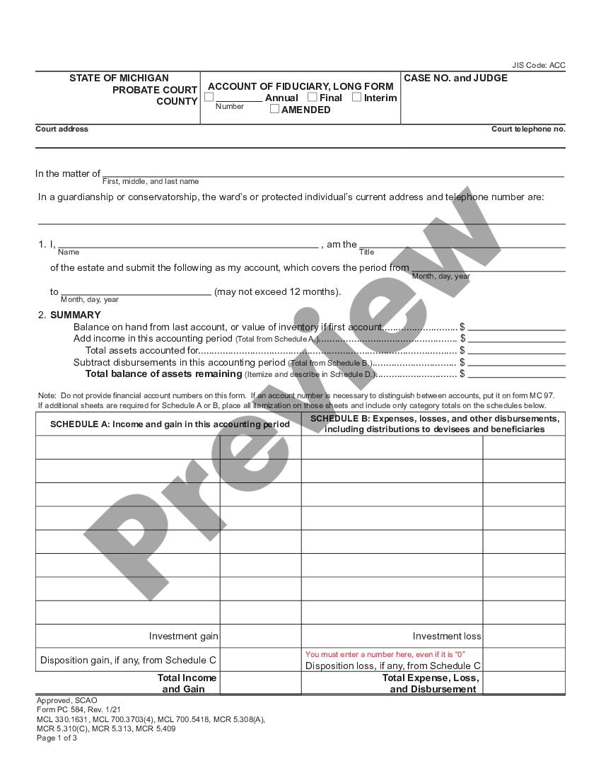 Michigan Account of Fiduciary Long Form Pc 584 US Legal Forms