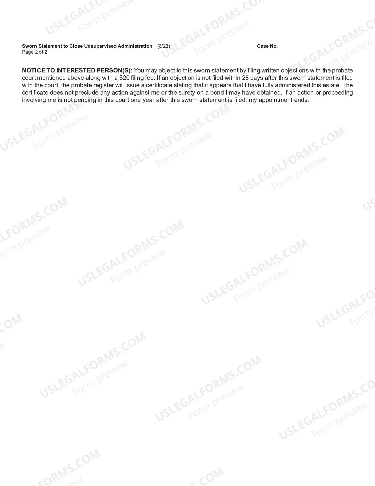 Preview Sworn Statement to Close Unsupervised Administration