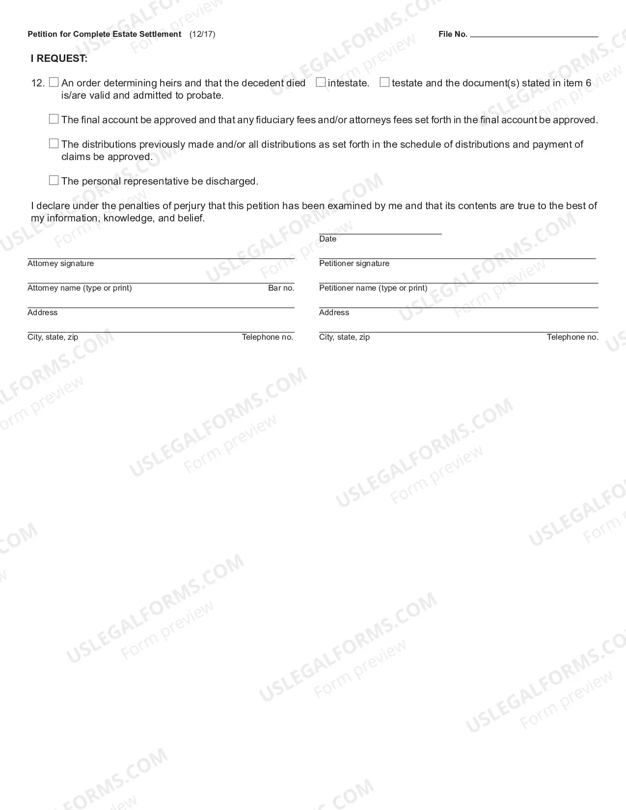 Preview Petition for Complete Estate Settlement