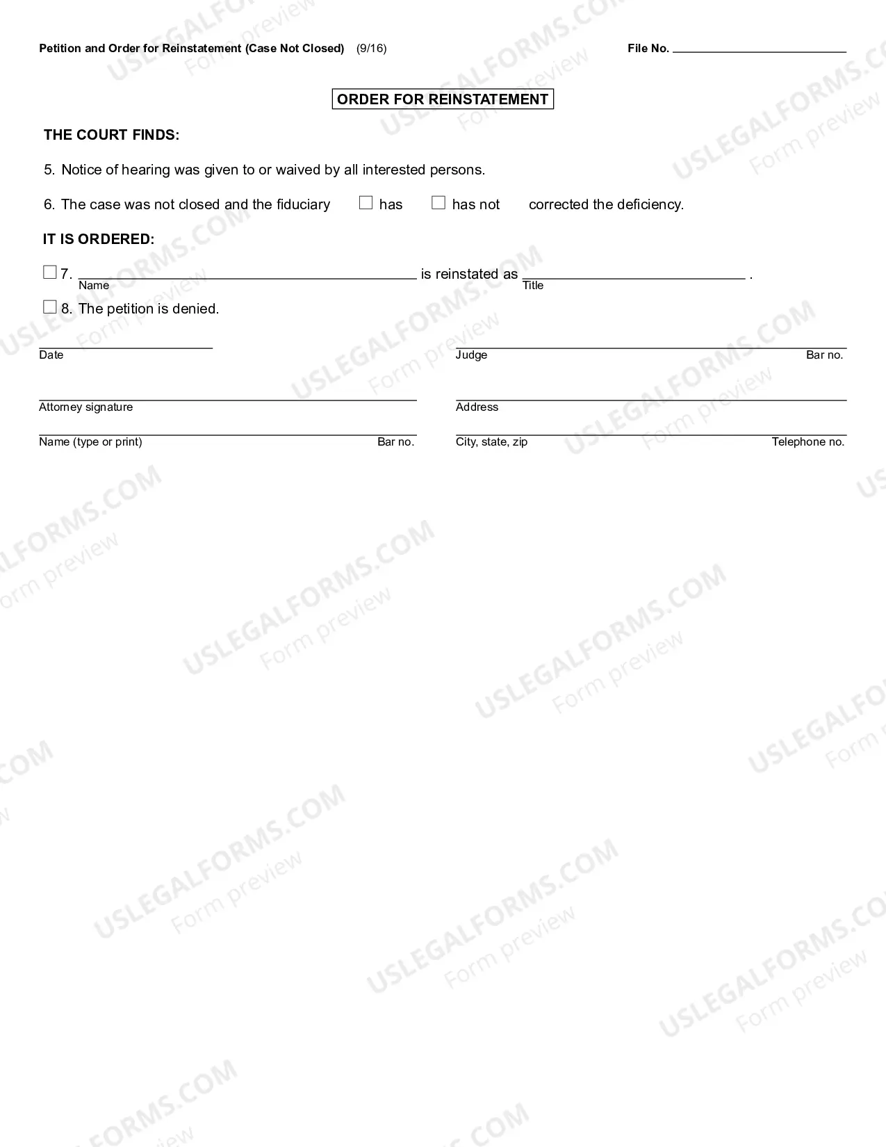 Preview Petition and Order for Reinstatement (Case Not Closed)