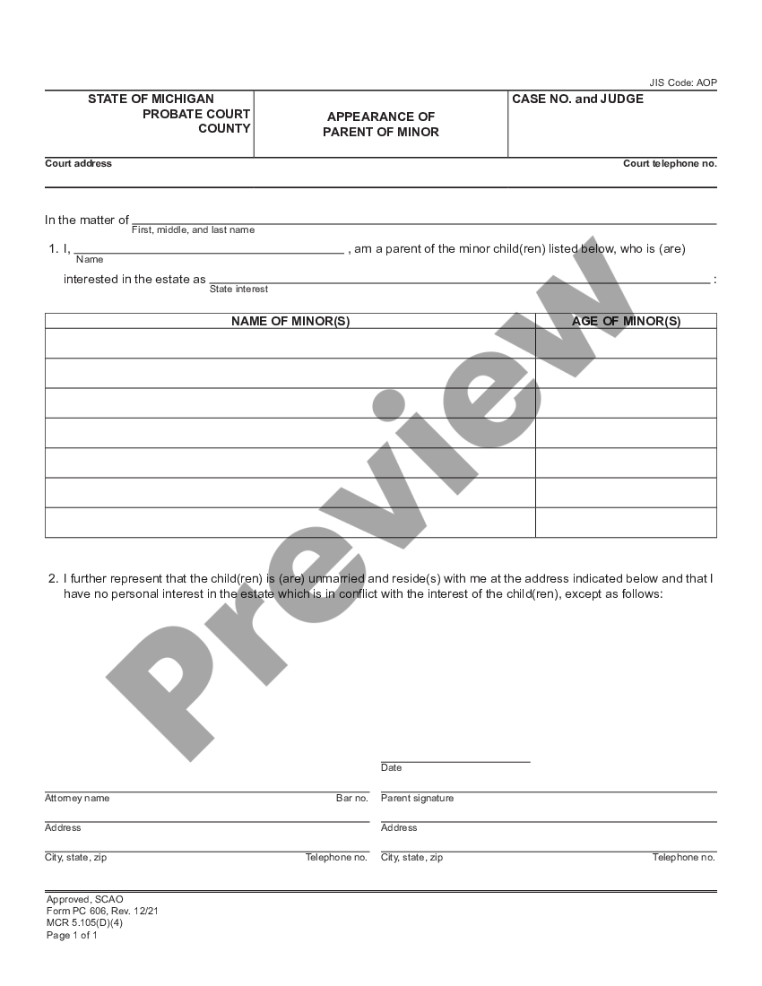 Michigan Appearance of Parent of Minor | US Legal Forms