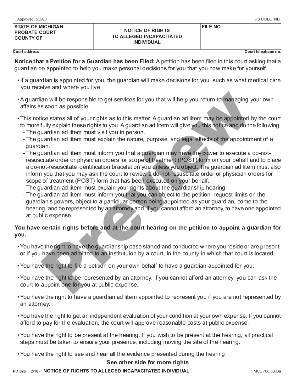 page 0 Notice to Alleged Incapacitated Individual on Petition to Appoint Guardian preview