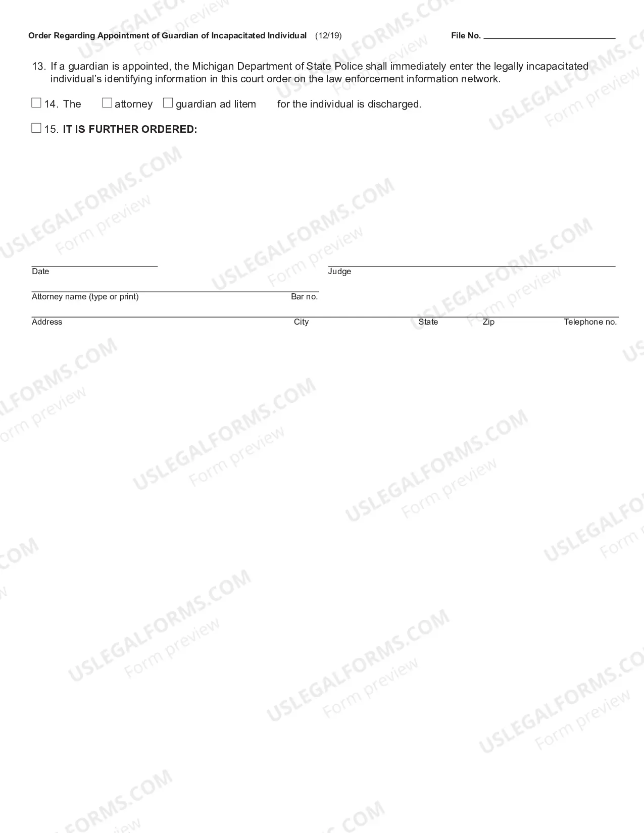 Preview Order Regarding Appointment of Guardian of Incapacitated Individual
