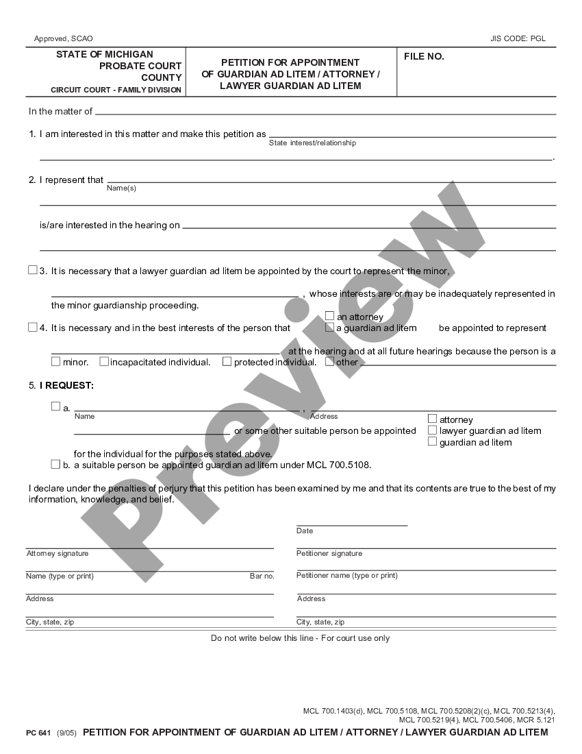 Michigan Petition for Appointment of Guardian Ad Litem Attorney Lawyer Michigan Guardian