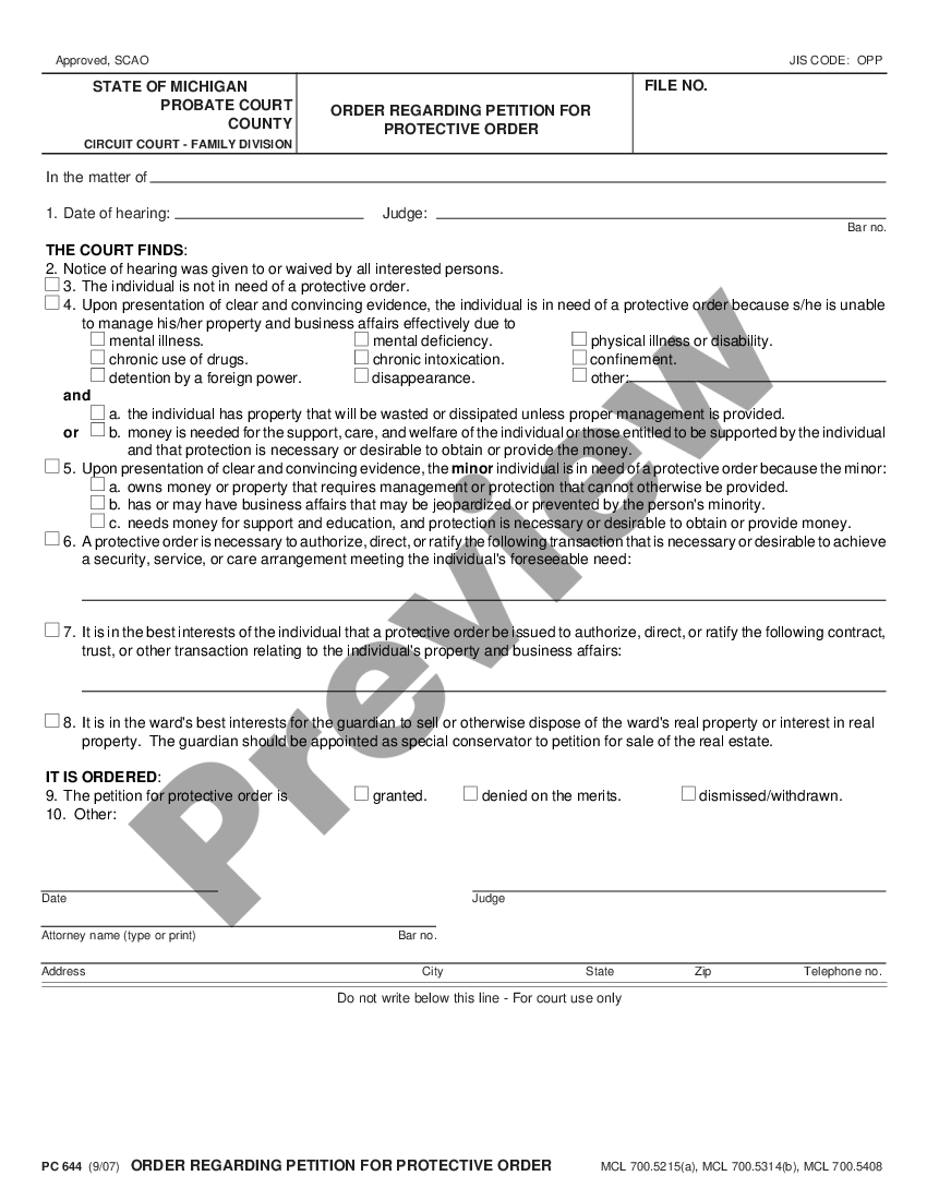 Michigan Protective Order US Legal Forms