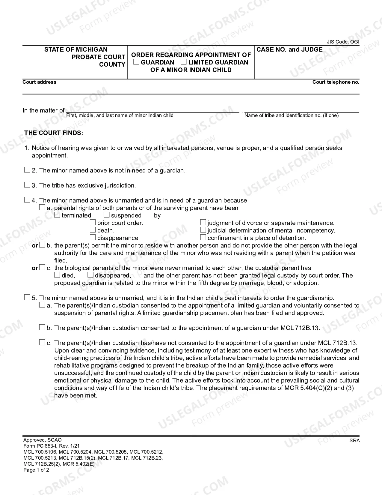 Preview Order Regarding Appointment of Guardian/Limited Guardian of a Minor Indian Child