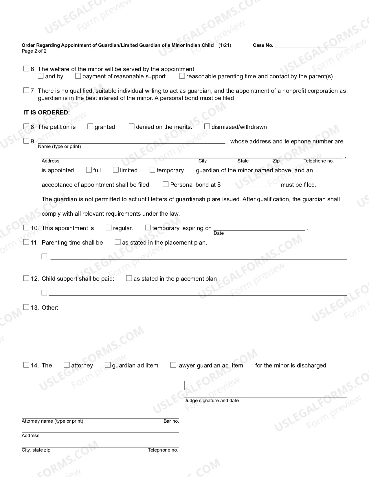Preview Order Regarding Appointment of Guardian/Limited Guardian of a Minor Indian Child