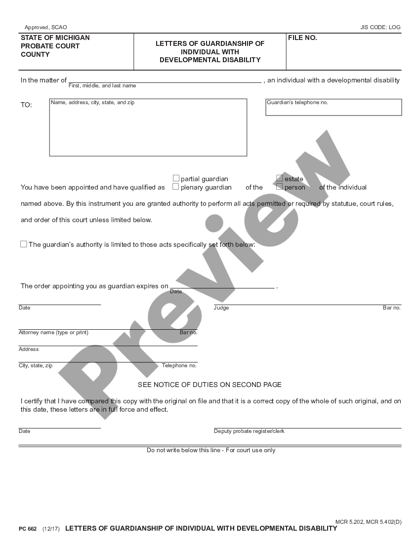 Sterling Heights Michigan Letters of Guardianship of Individual with