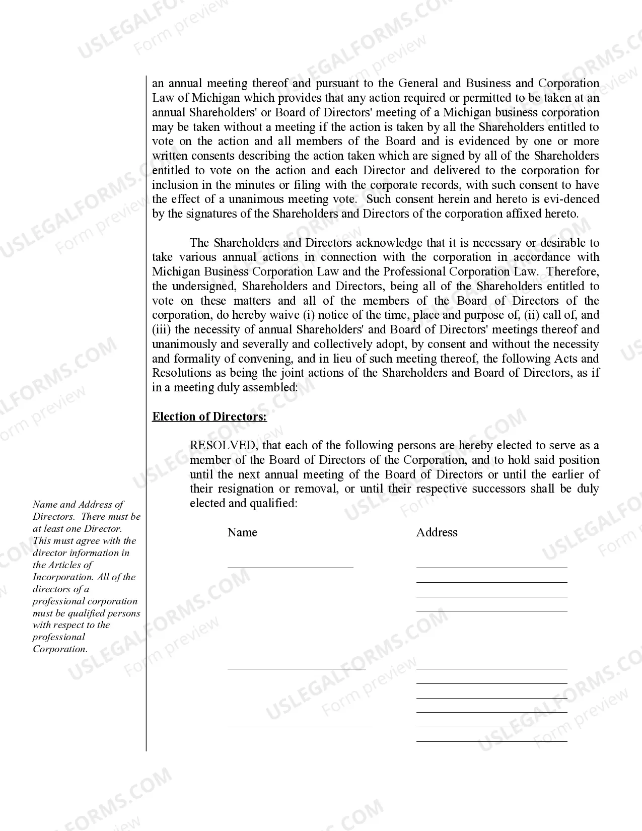 Preview Annual Minutes for a Michigan Professional Corporation