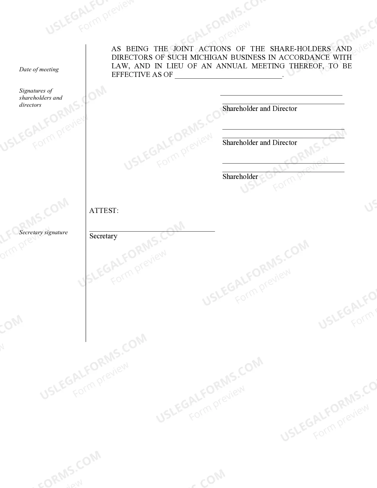 Preview Annual Minutes for a Michigan Professional Corporation