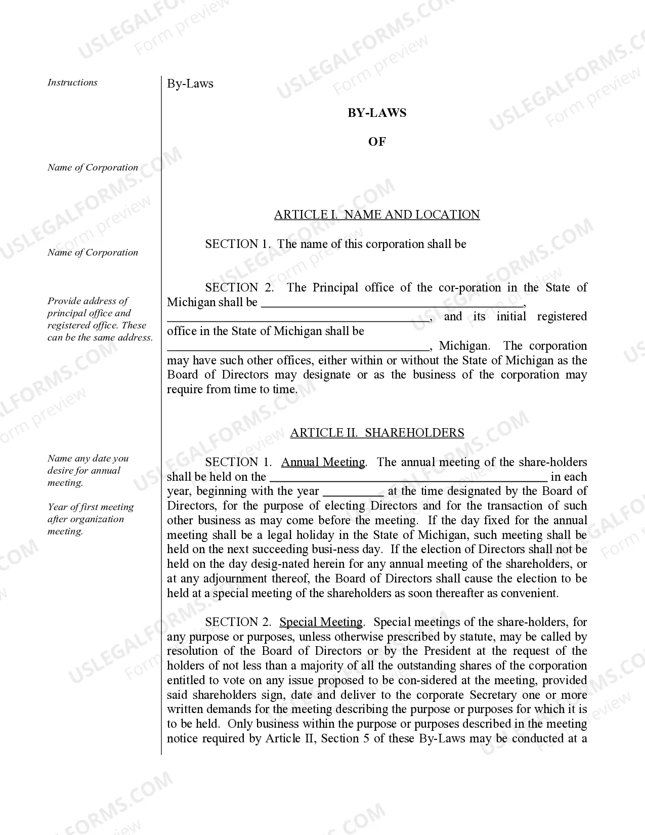 Preview Sample Bylaws for a Michigan Professional Corporation