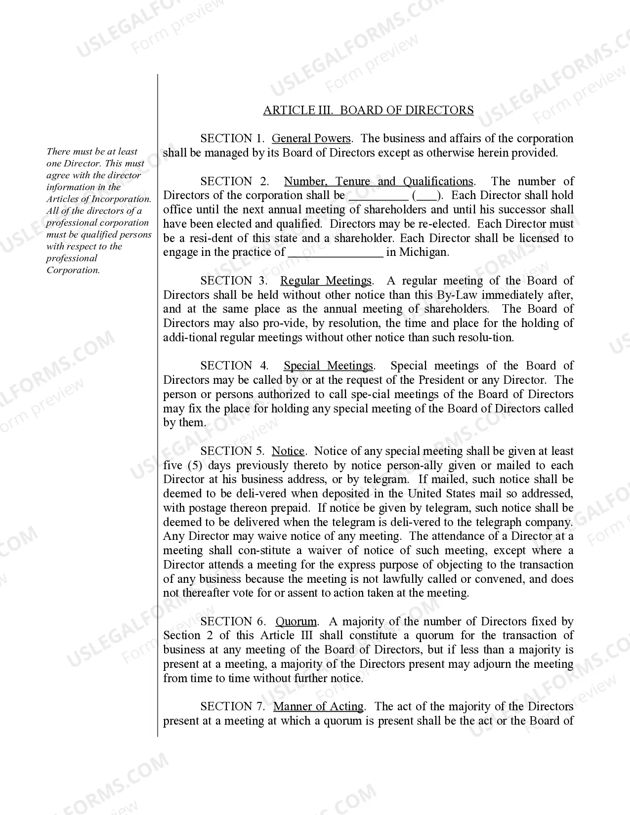 Preview Sample Bylaws for a Michigan Professional Corporation