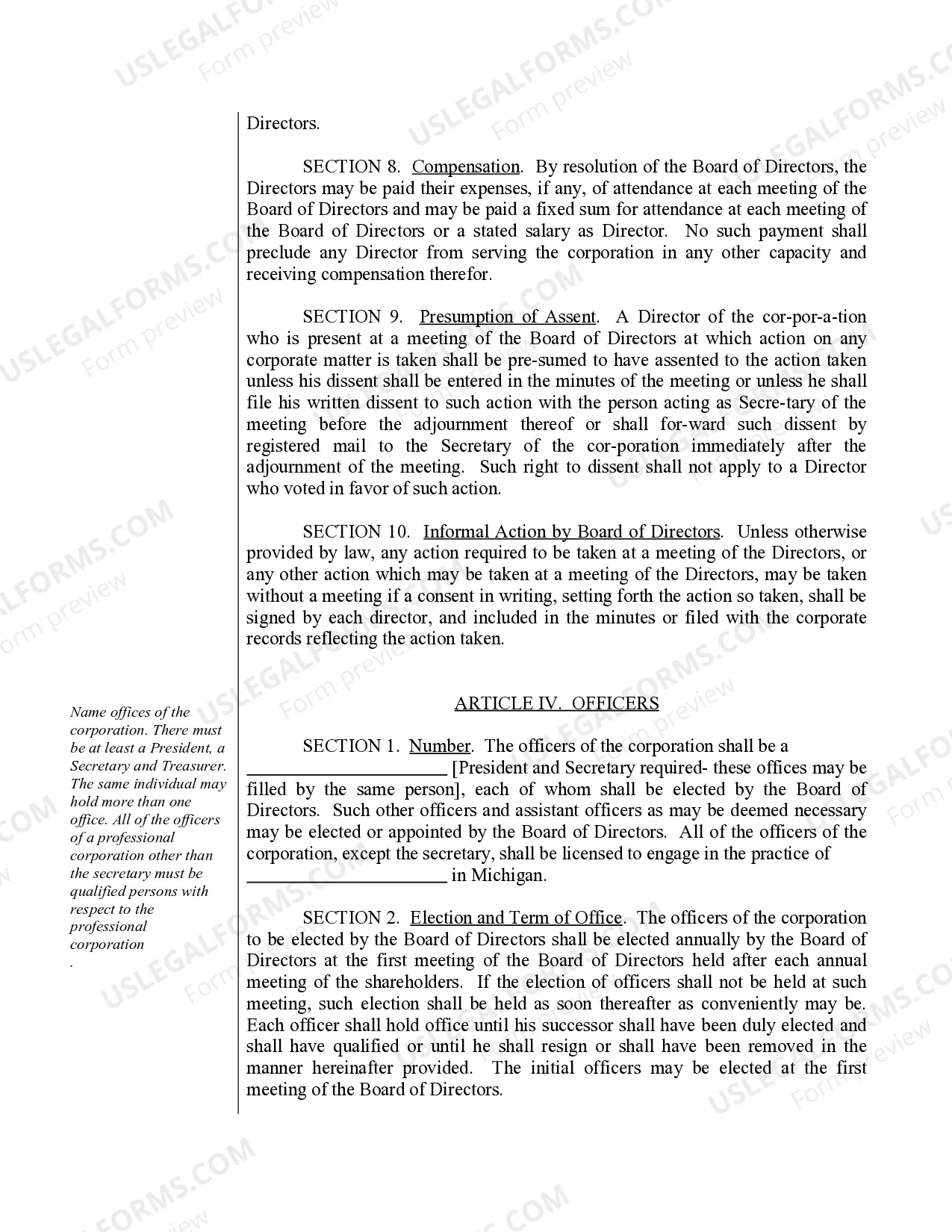 Preview Sample Bylaws for a Michigan Professional Corporation