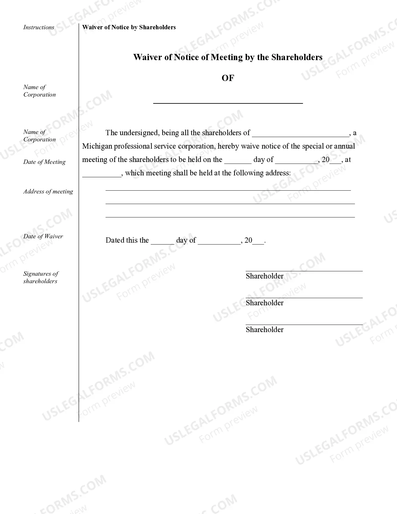Preview Sample Corporate Records for a Michigan Professional Corporation