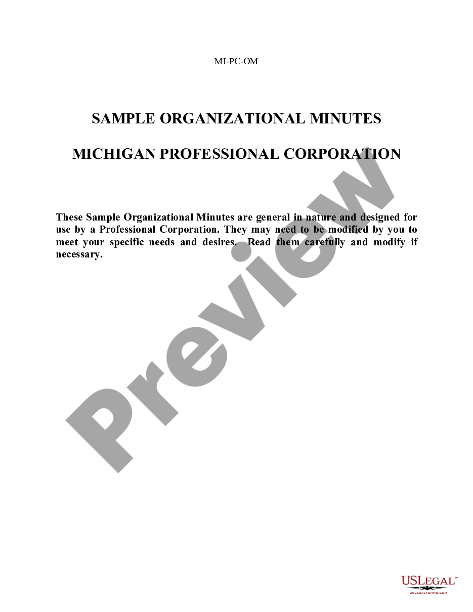 page 0 Organizational Minutes for a Michigan Professional Corporation preview