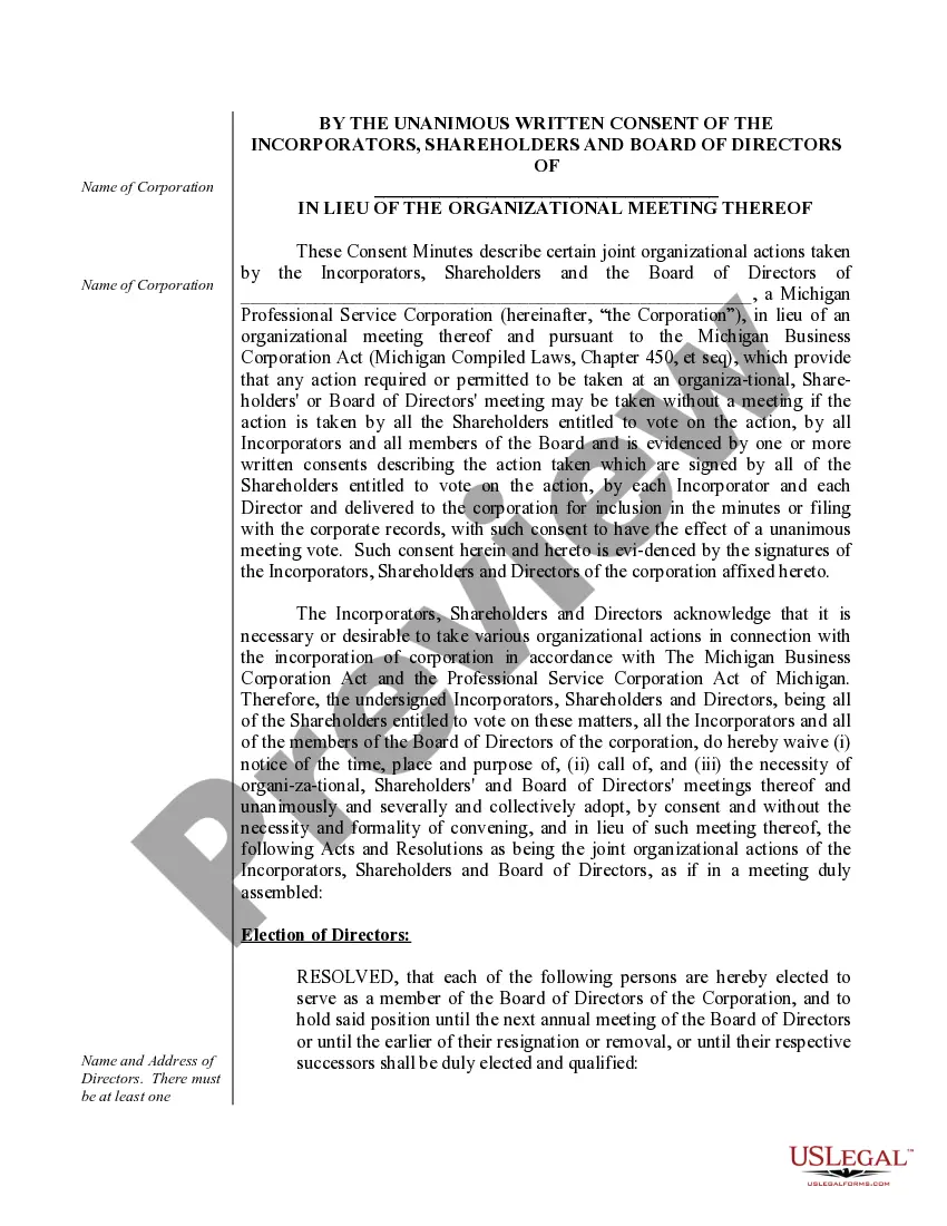 Preview Organizational Minutes for a Michigan Professional Corporation