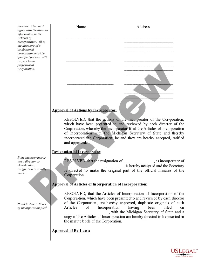 Preview Organizational Minutes for a Michigan Professional Corporation
