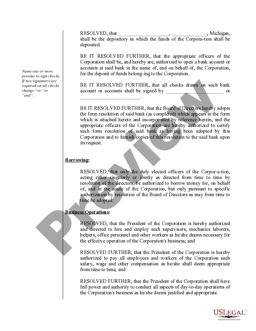 Preview Organizational Minutes for a Michigan Professional Corporation