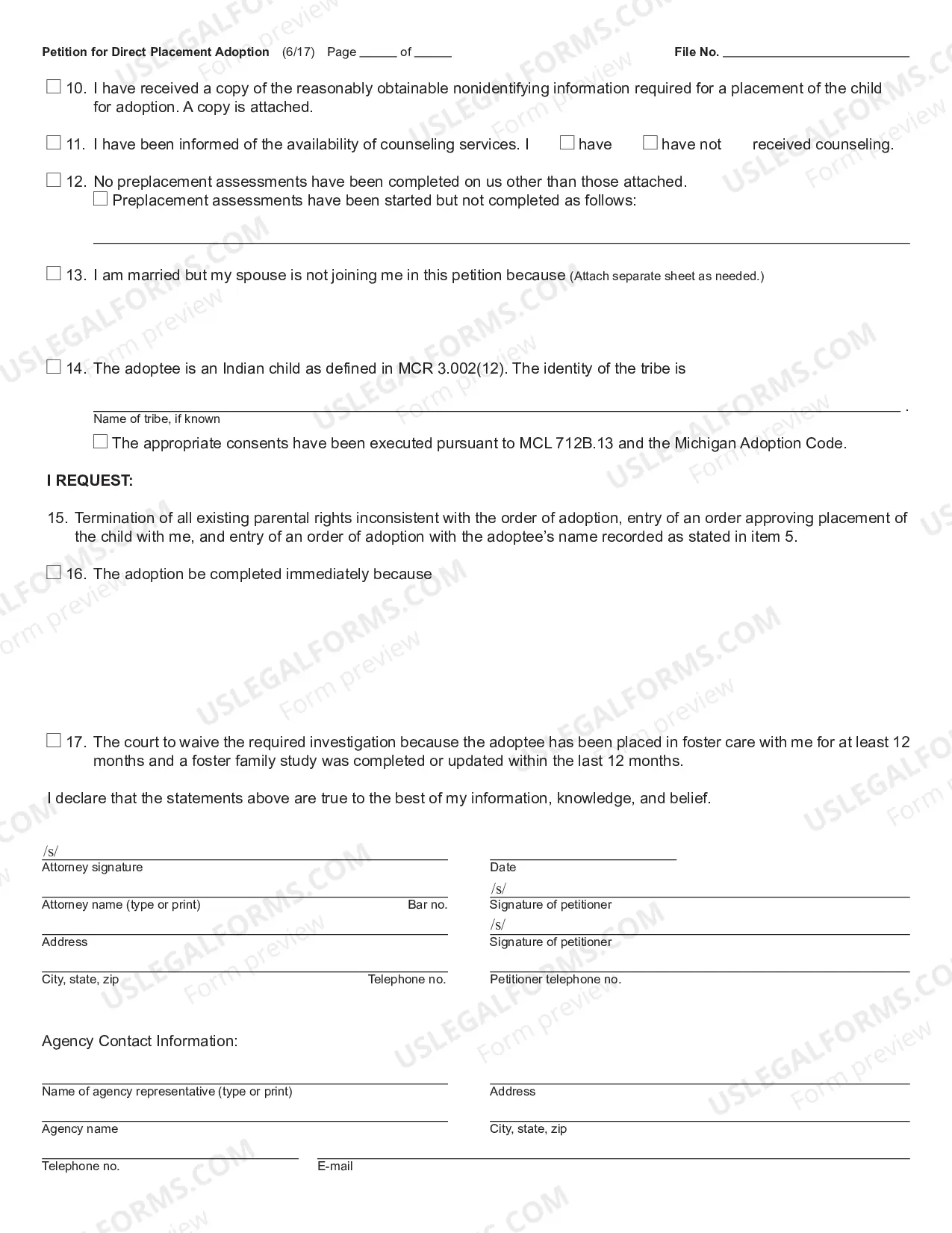 Preview Petition for Direct Placement Adoption