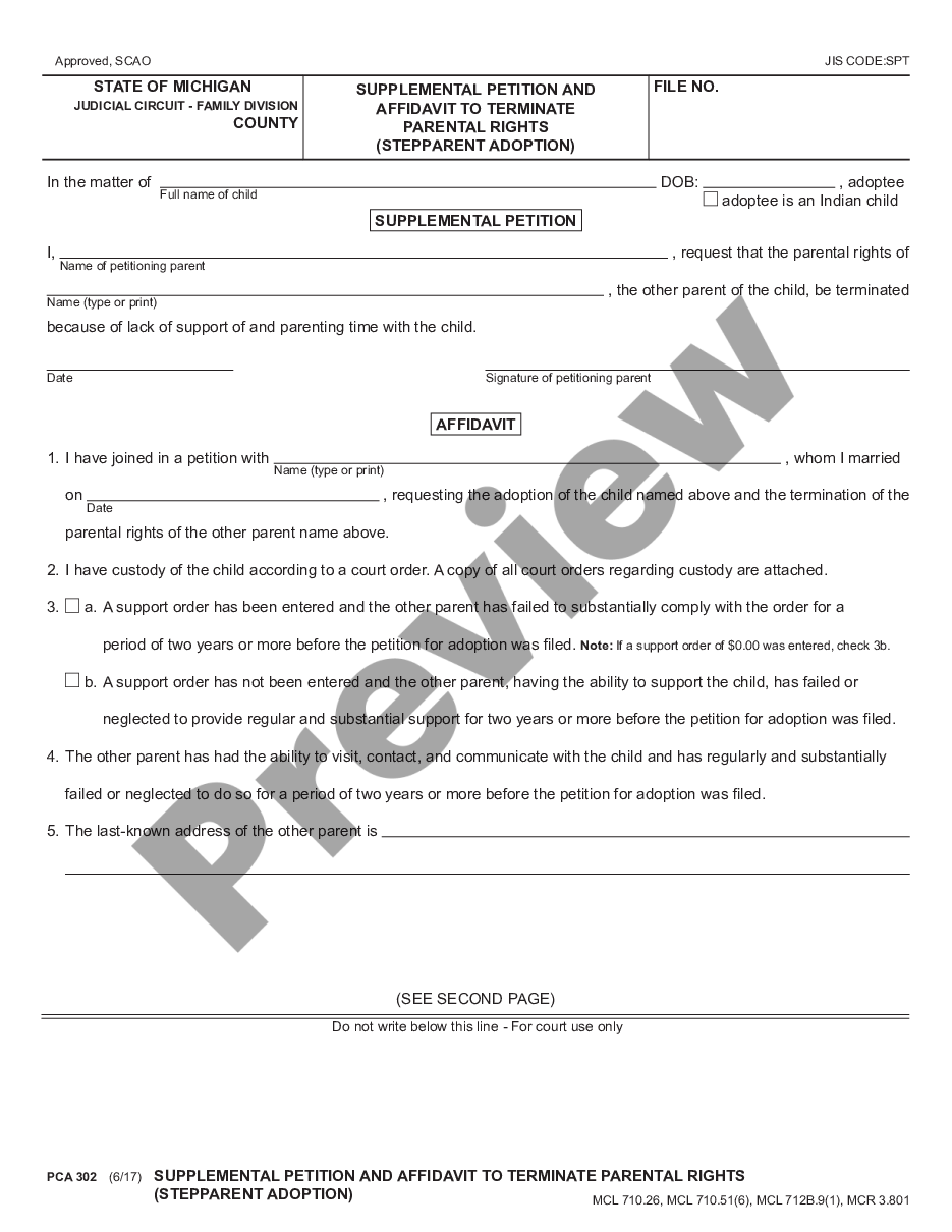 page 0 Supplemental Petition and Affidavit to Terminate Parental Rights of Noncustodial Parent preview