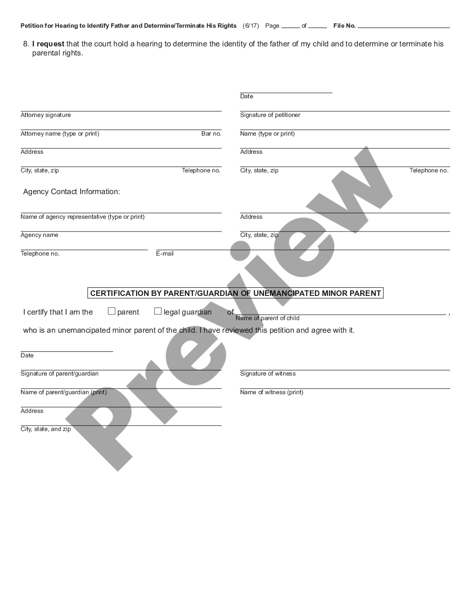 page 1 Petition for Hearing to Identify Father and Determine or Terminate His Rights preview