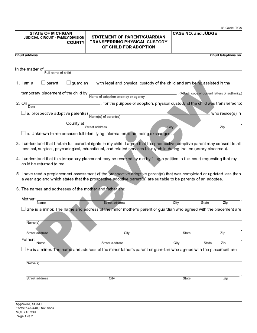 page 0 Statement of Parent - Guardian Transferring Physical Custody of Child for Adoption preview
