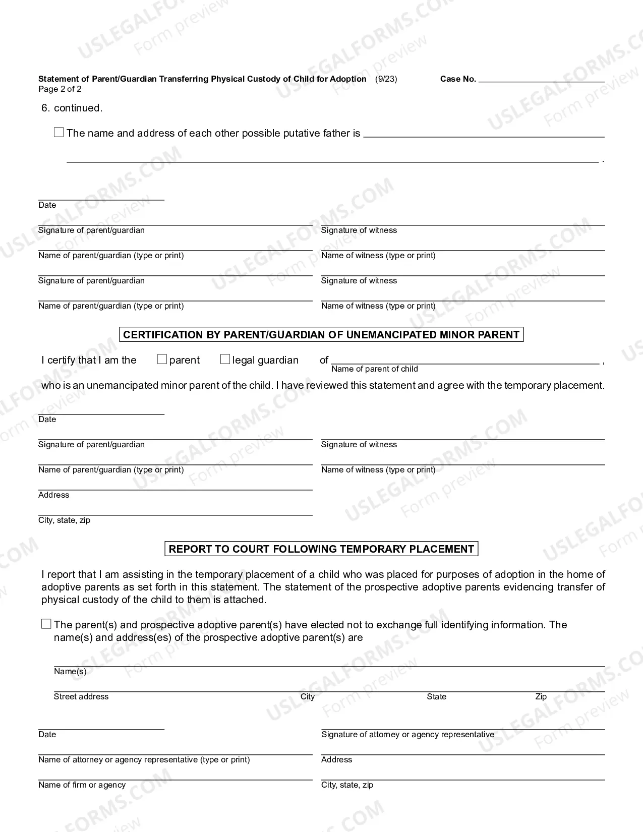 Preview Statement of Parent/Guardian Transferring Physical Custody of Child for Adoption