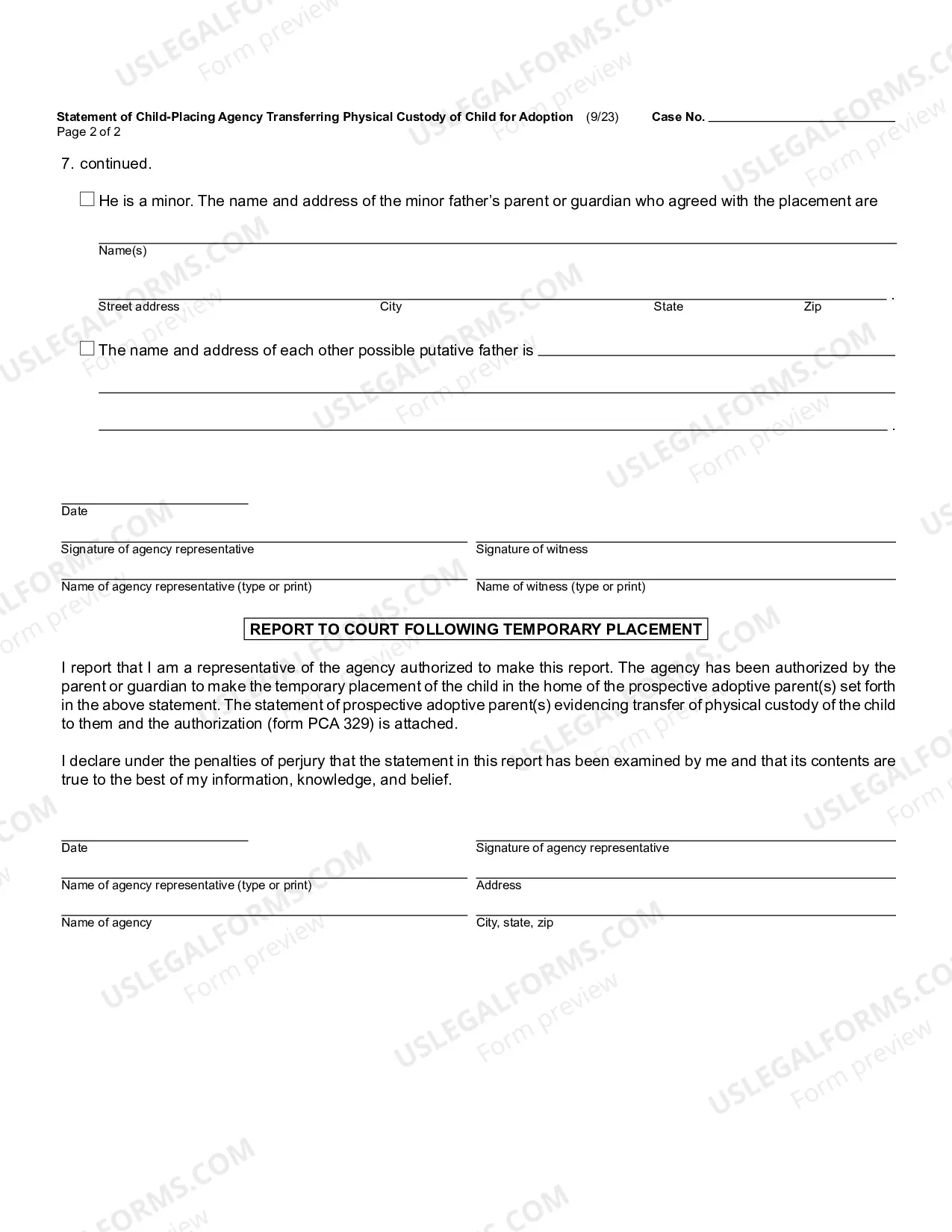 Preview Statement of Child-Placing Agency Transferring Physical Custody of Child for Adoption