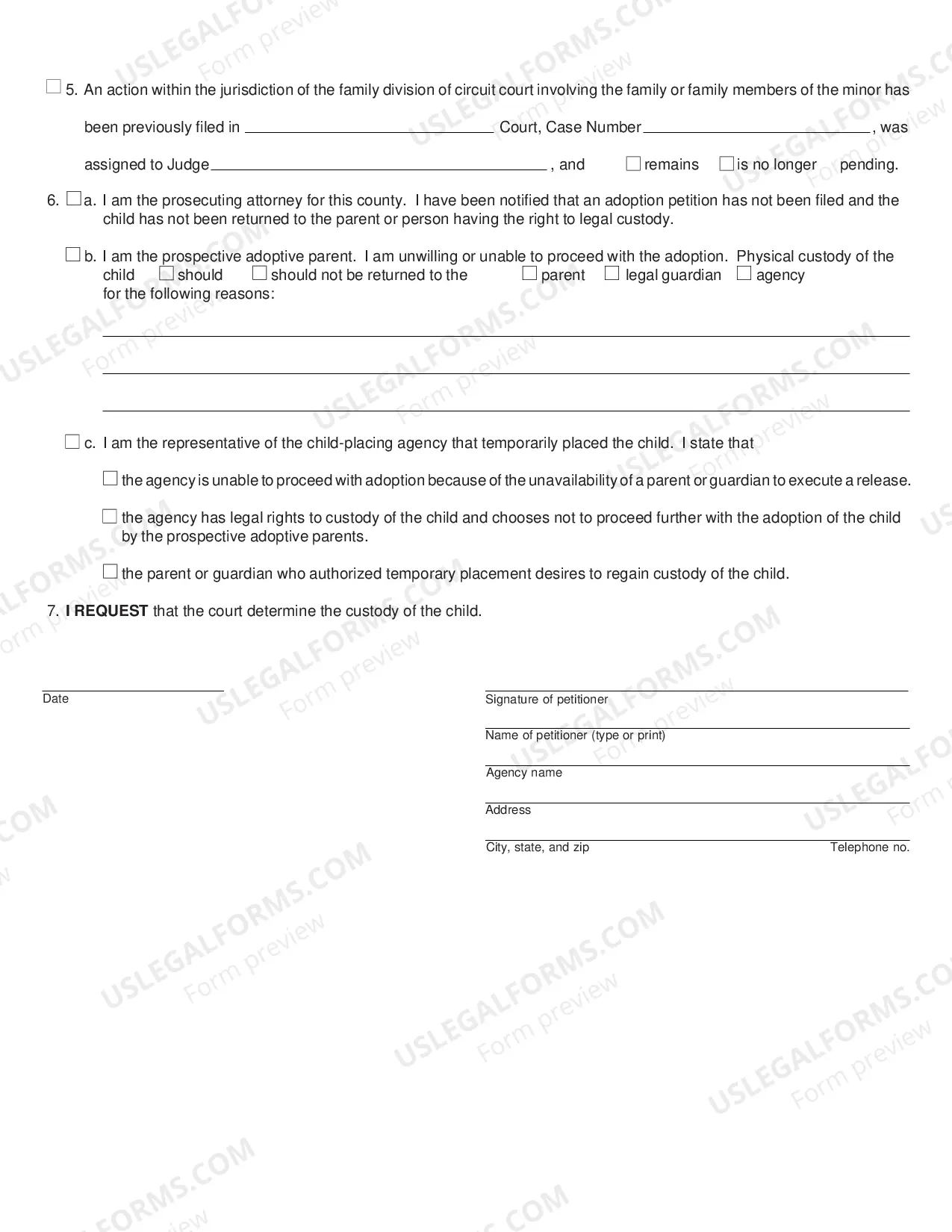 Preview Petition to Determine Custody of Child Temporarily Placed for Adoption