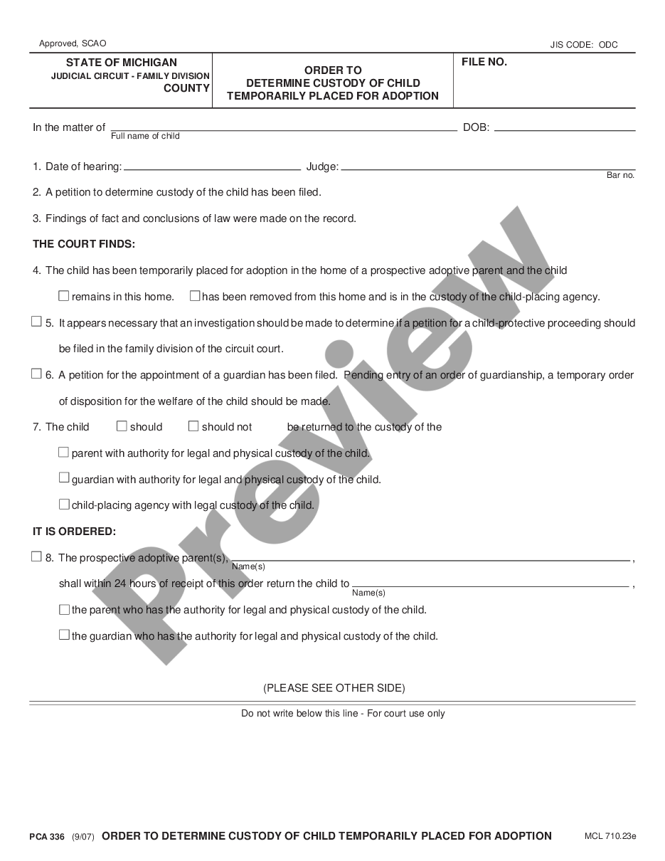page 0 Order to Determine Custody of Child Temporarily Placed for Adoption preview