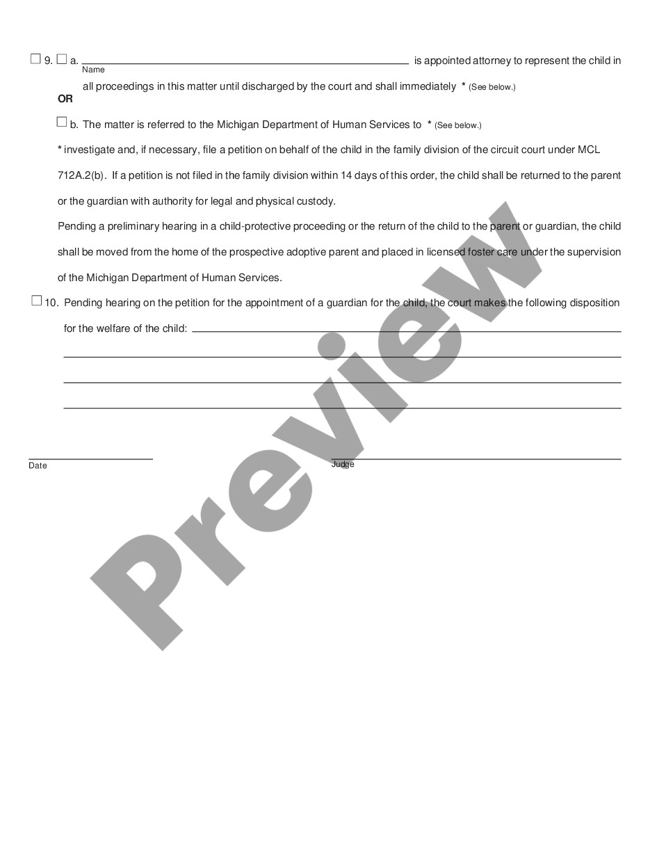 page 1 Order to Determine Custody of Child Temporarily Placed for Adoption preview