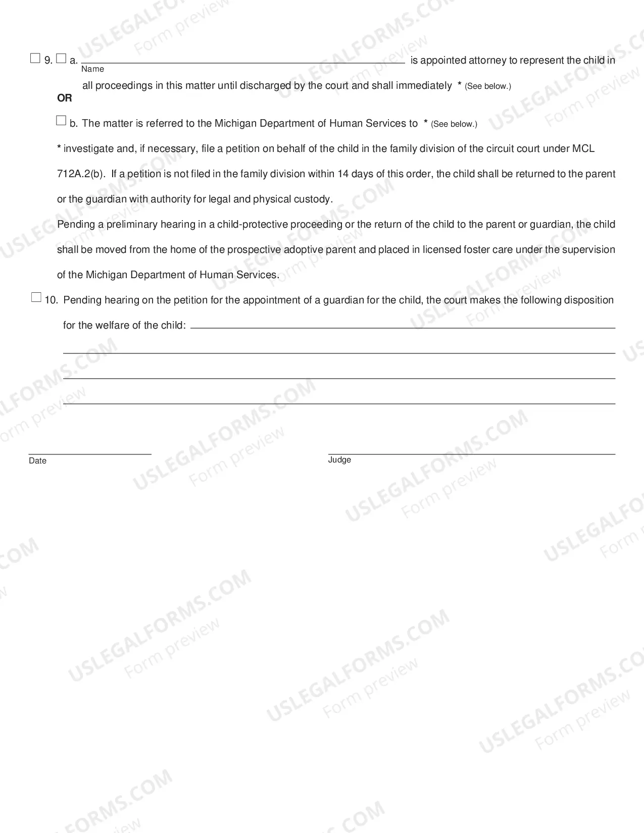 Preview Order to Determine Custody of Child Temporarily Placed for Adoption