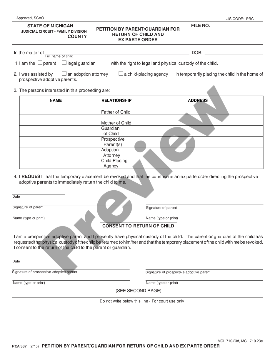 page 0 Petition by Parent - Guardian for Return of Child and Ex Parte Order preview