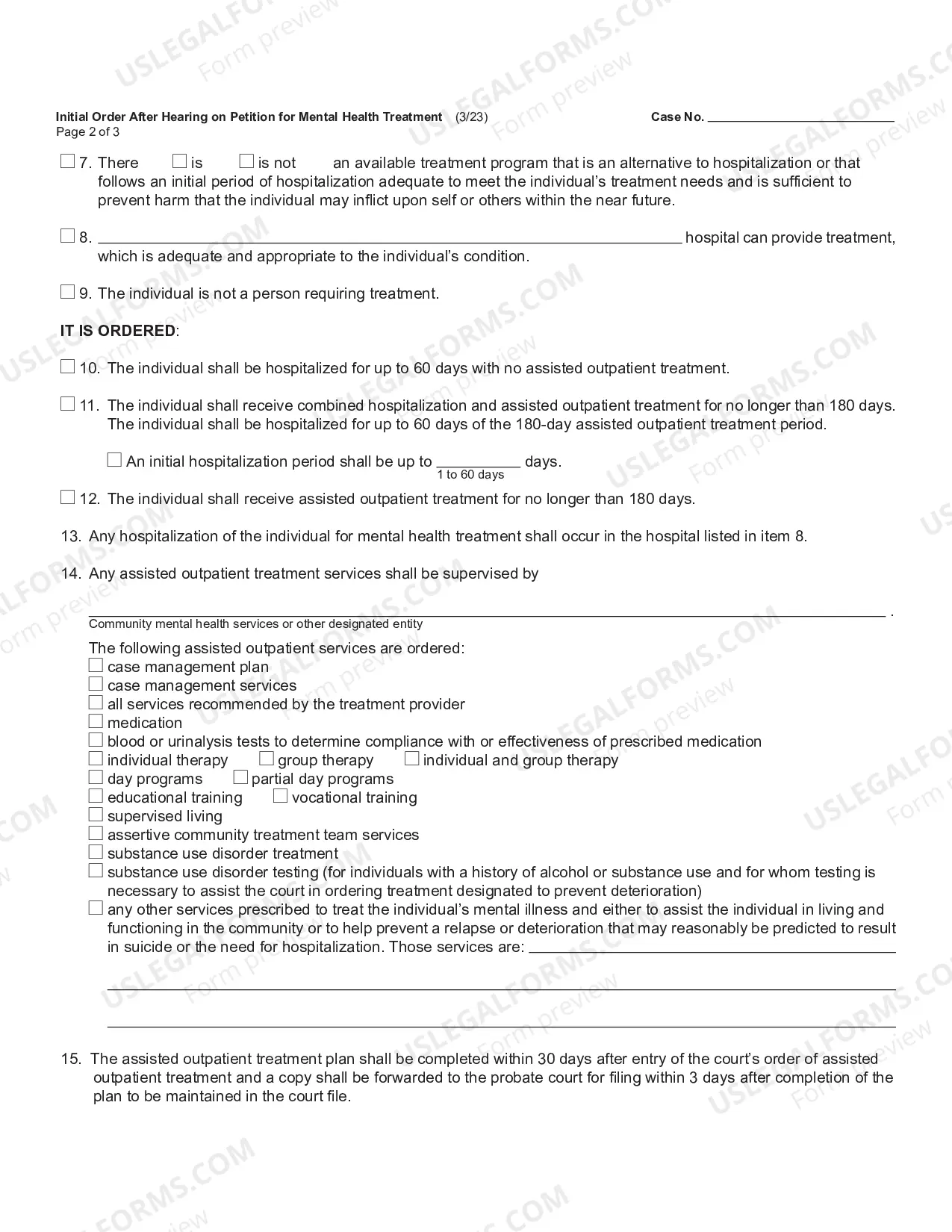 Preview Initial Order After Hearing On Petition For Mental Health Treatment