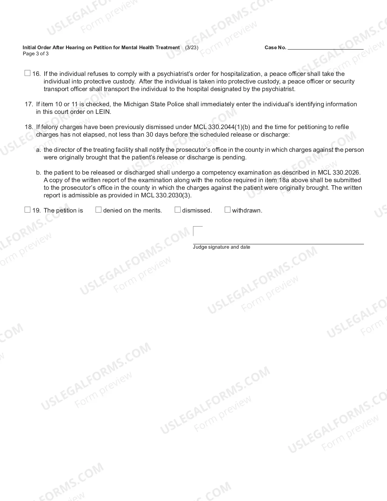 Preview Initial Order After Hearing On Petition For Mental Health Treatment