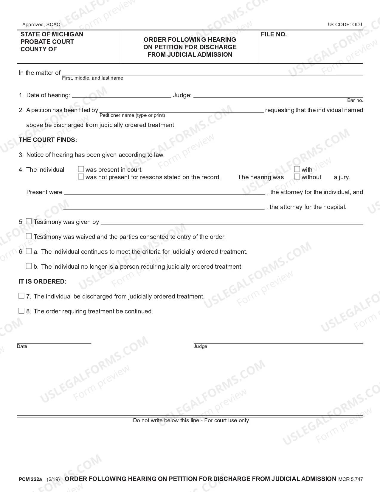 Preview Order Following Hearing on Petition for Discharge from Judicial Admission