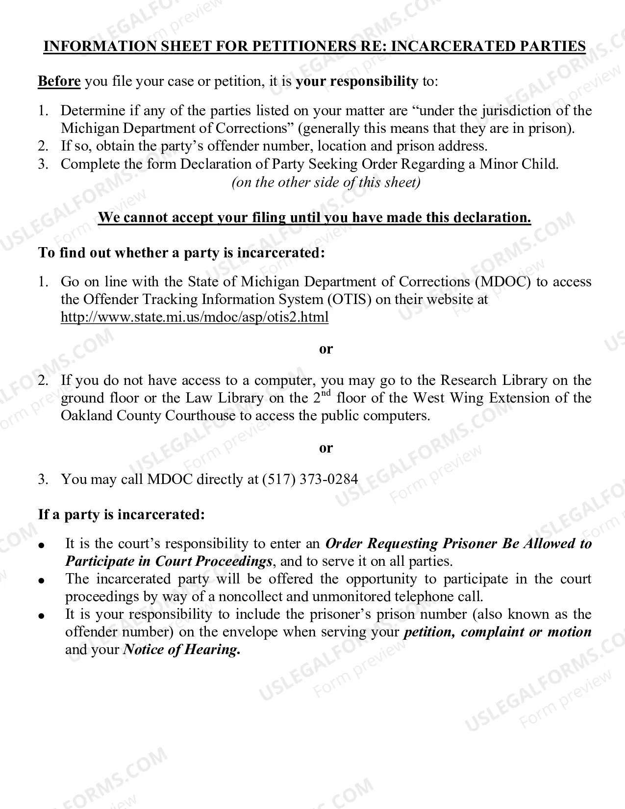 Preview Declaration of Party Seeking Order Regarding A Minor Child And Incarcerated Party Information