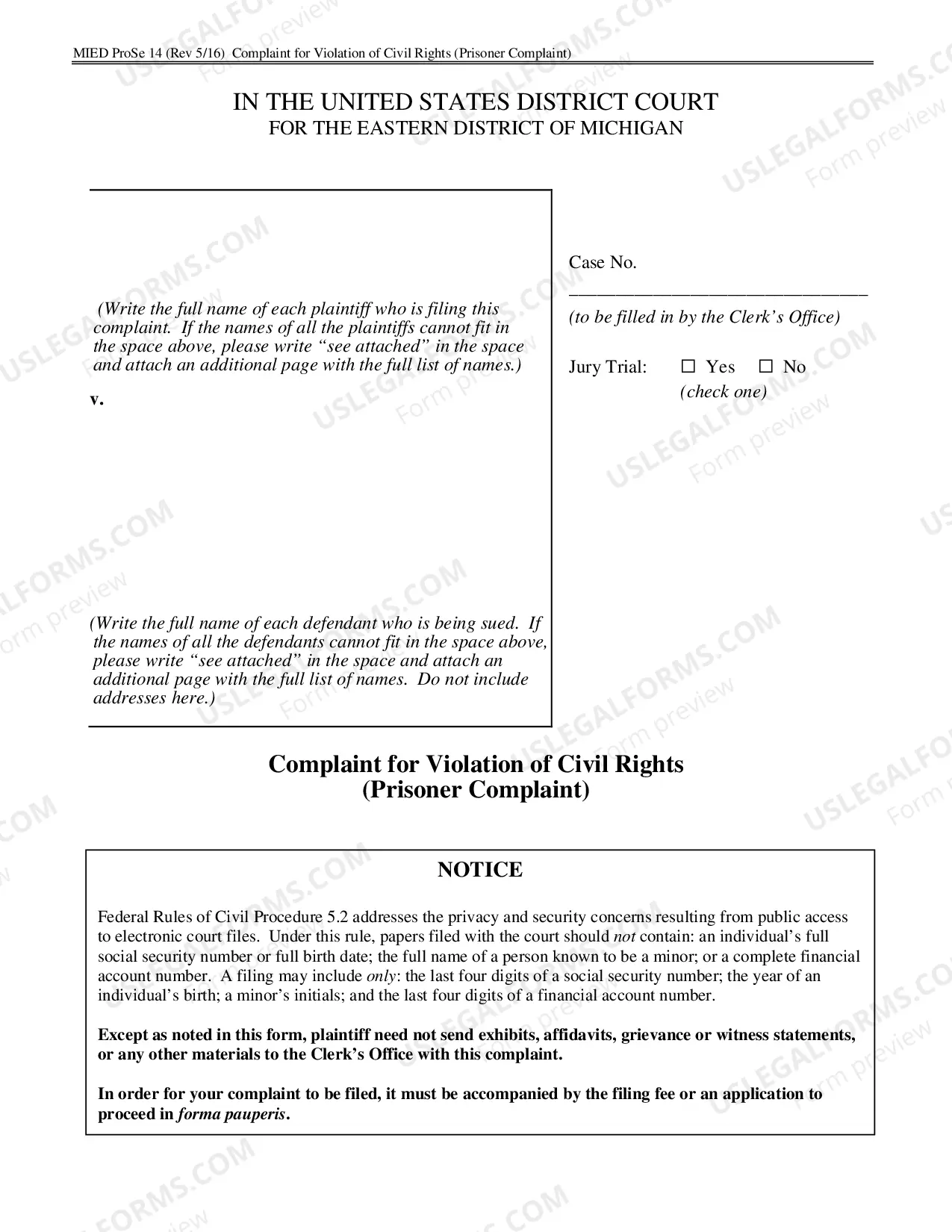 Preview Complaint for Prisoner Civil Rights under 42 U.S.C. 1983