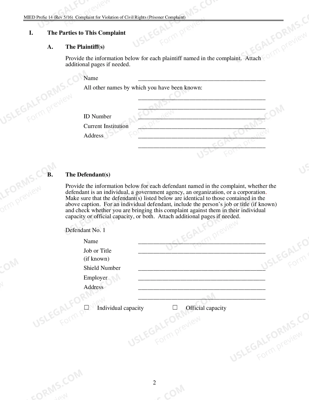 Preview Complaint for Prisoner Civil Rights under 42 U.S.C. 1983