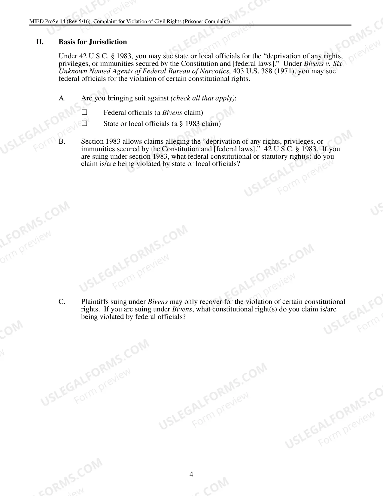 Preview Complaint for Prisoner Civil Rights under 42 U.S.C. 1983