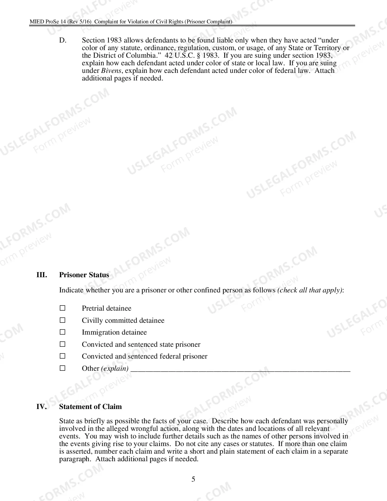 Preview Complaint for Prisoner Civil Rights under 42 U.S.C. 1983