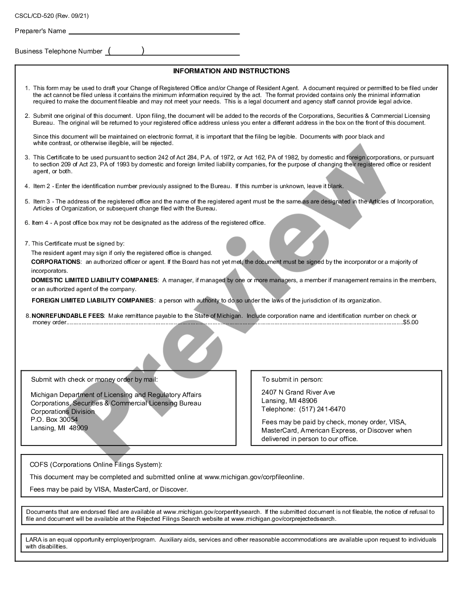 page 1 Michigan Change of Registered Agent preview