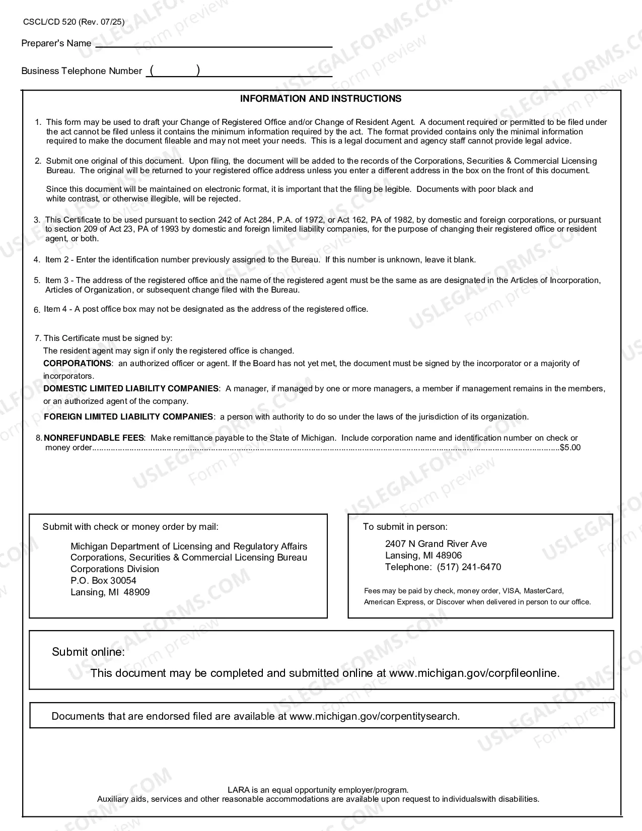 Preview Michigan Change of Registered Agent