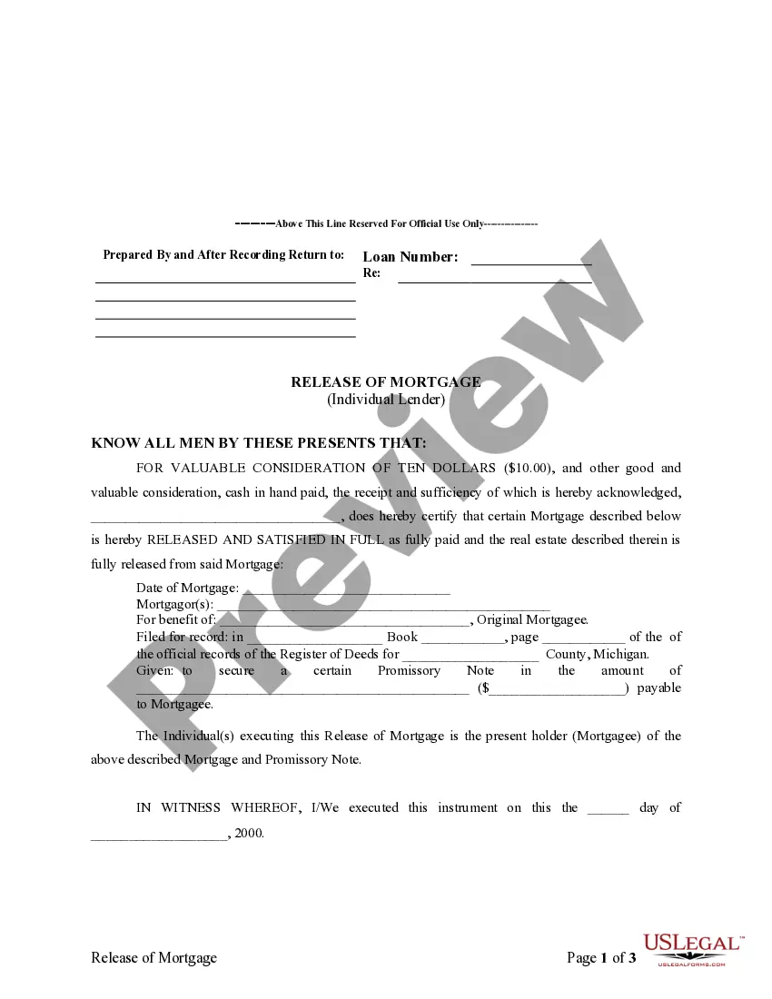 Preview Satisfaction, Release or Cancellation of Mortgage by Individual