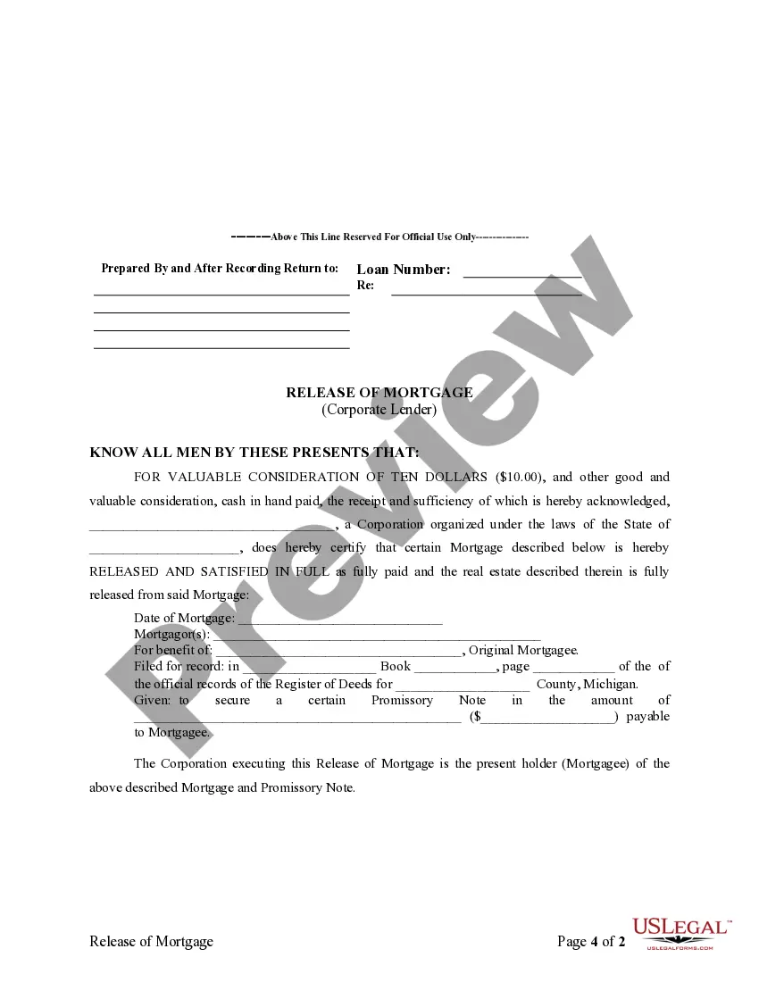 Preview Satisfaction, Release or Cancellation of Mortgage by Corporation