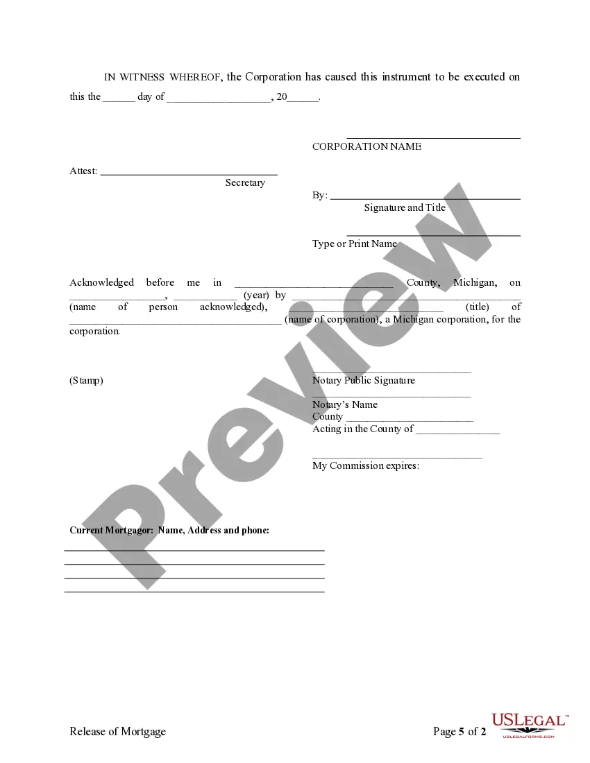 Preview Satisfaction, Release or Cancellation of Mortgage by Corporation