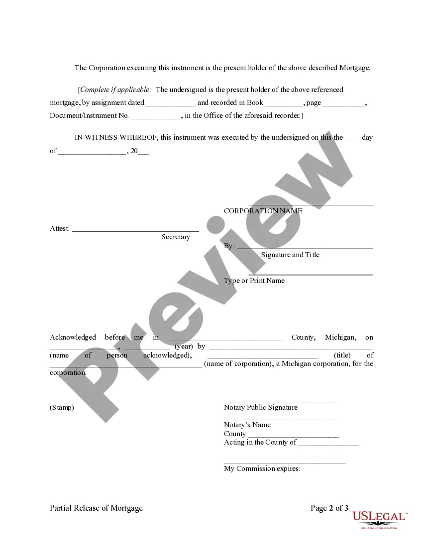 Preview Partial Release of Property From Mortgage for Corporation