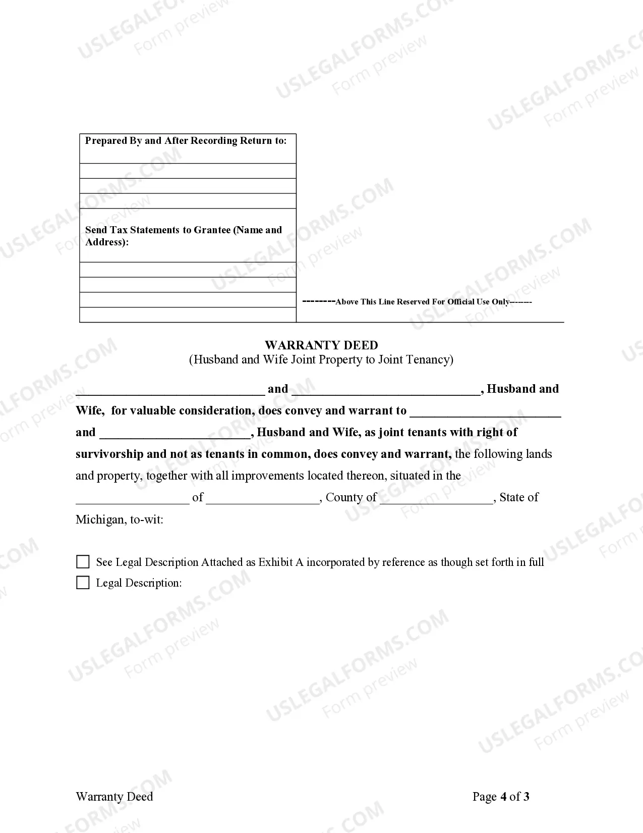 Preview Warranty Deed for Husband and Wife Converting Property from Tenants in Common to Joint Tenancy