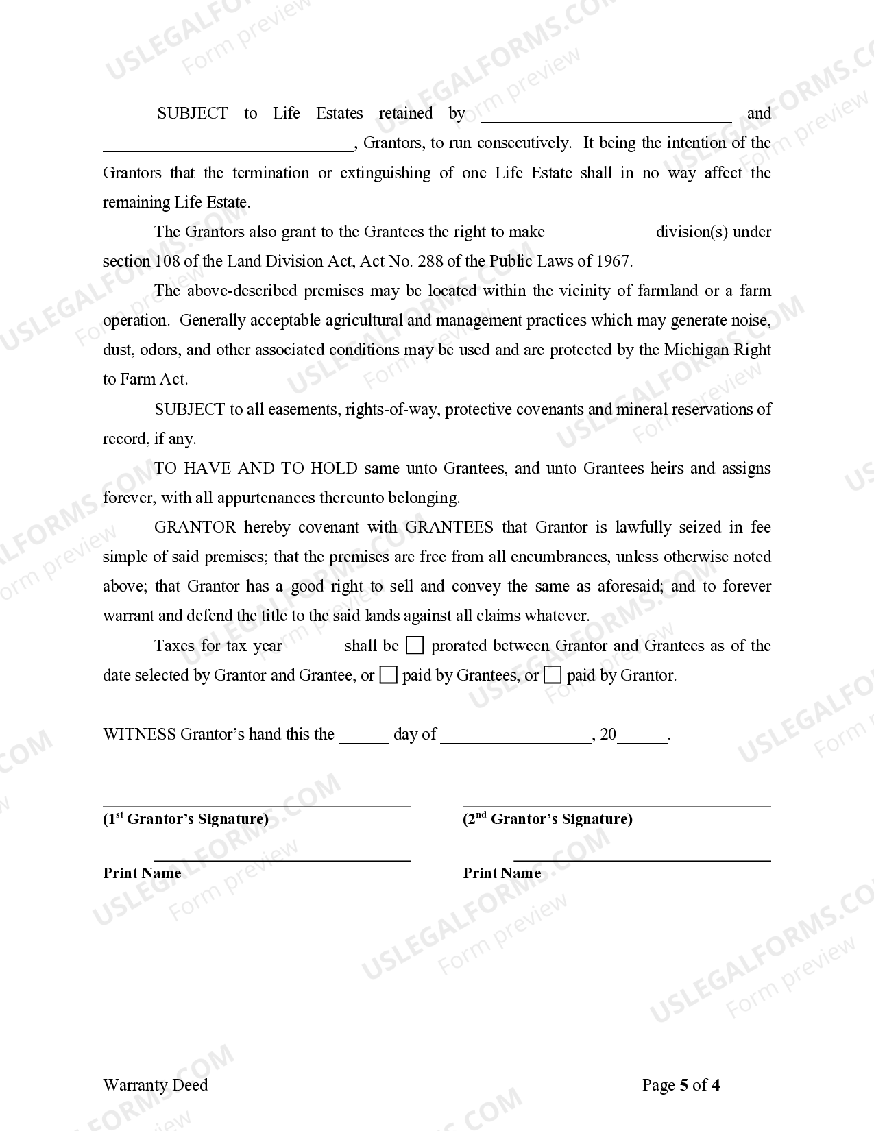 Michigan Warranty Deed for Parents to Child with Reservation of Life